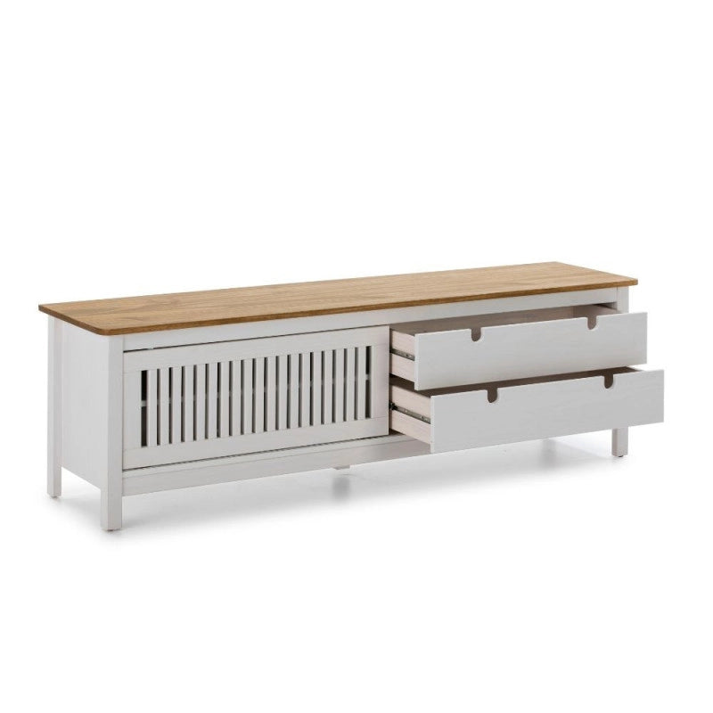 Mobile porta tv Bruna con 1 anta scorrevole e 2 cassetti in legno massiccio bianco e top pino