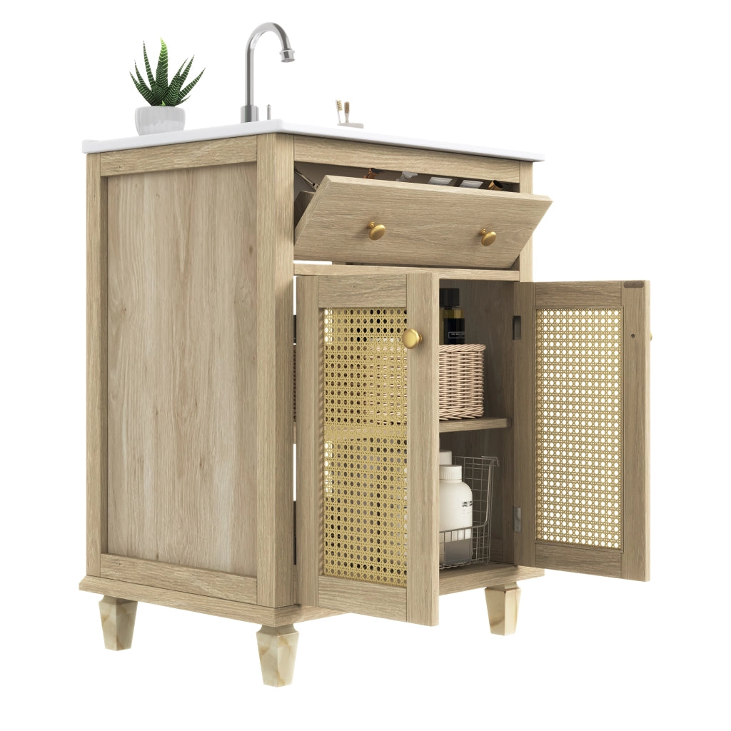 Mobile bagno con 2 ante; 1 ribaltina e ripiani regolabili con lavabo in ceramica per bagno; 61×47×87 cm