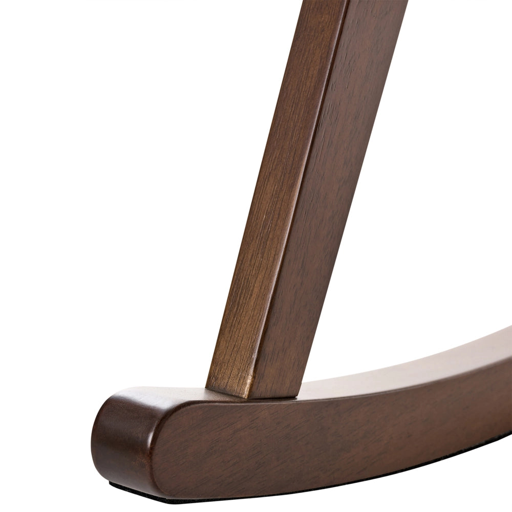 Poltrona a dondolo imbottita con schienale Vienna stile scandinavo struttura in legno di gomma tessuto marrone e beige chiaro