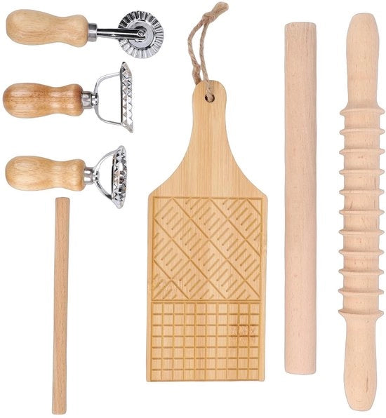 Set di utensili per la preparazione della pasta - Faccia pasta in legno - Impastatrice pasta in acciaio inossidabile - Rotolo di impasto - 7 accessori - Adatto per cucine domestiche