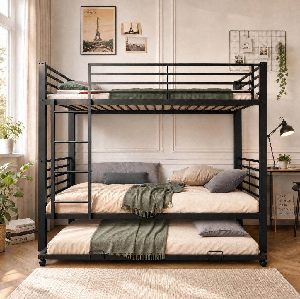 Letto a castello 3 posti in metallo nero 90x200 cm