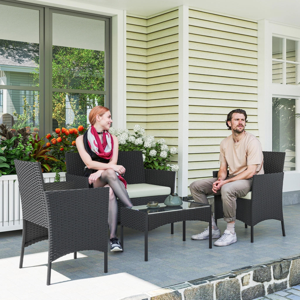 Set Divano Giardino in Polyrattan con Tavolino Vetro e Cuscini ¨C Zephmum ¨C Nero e Crema