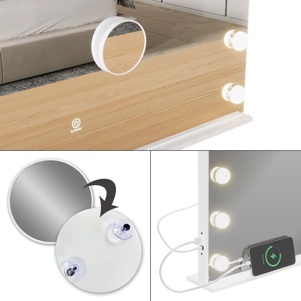 Specchio da toilette Greta, Bianco, 80 x 61 cm con illuminazione a LED, con specchio cosmetico integrato 10x e porta USB