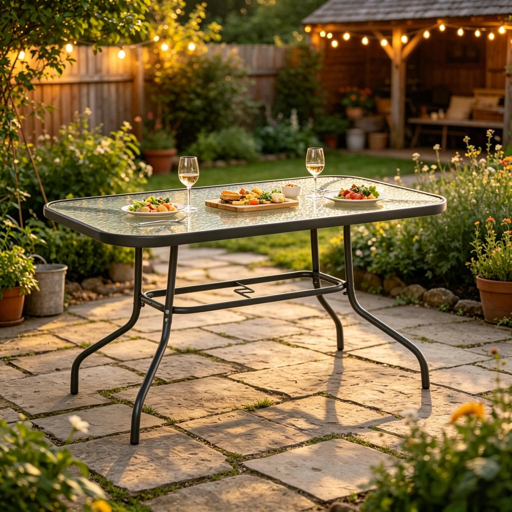 TAVOLO DA GIARDINO RETTANGOLARE 120x80x70 cm Grigio in metallo e vetro temperato