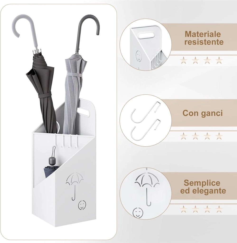 Portaombrelli con 4 Ganci e 2 Aree Separate, in Metallo Antiruggine, con Design a Conca e Sorriso, per Corridoio, Ingresso, Bianco
