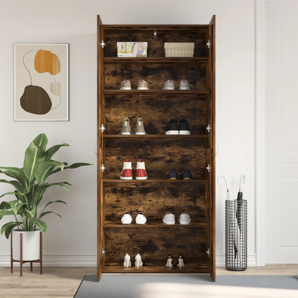 Cabinet per scarpe in rovere affumicato 80x35,5x180 cm in legno ingegnerizzato