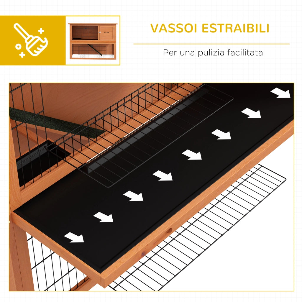 Gabbia per Conigli in Legno Antisettico a 2 Piani con Recinto ¨C zephmum ¨C Arancione 92cm