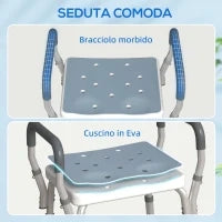 Sgabello per Doccia Regolabile con Braccioli e Fori di Drenaggio, in Alluminio, HDPE e EVA, 52x45x57-69 cm
