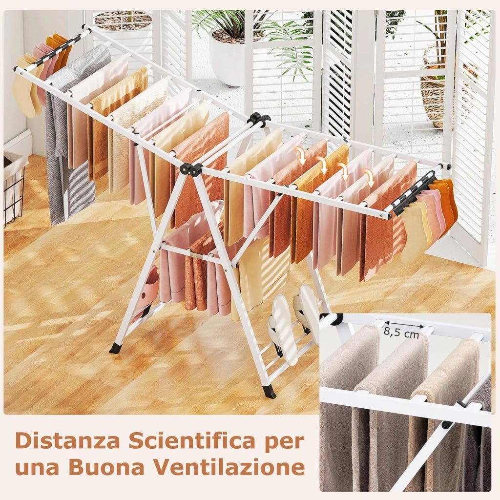 Stendibiancheria con 20 Barre, Stendino Pieghevole in Metallo Regolabili in Altezza, Clips per Calzini, Supporto per Abbigliamento Autoposante a Ali per Interno Esterno (Bianco)