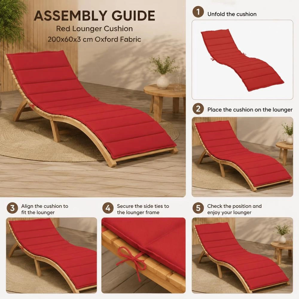 Sun Lounger Cushion, Red, 200x60x3 Cm, Oxford Fabric