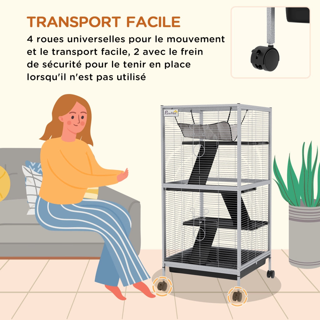 Gabbia per Piccoli Animali Portatile 4 Livelli ¨C Xylo ¨C Con Ruote, 2 Porte, 3 Rampe e Amaca