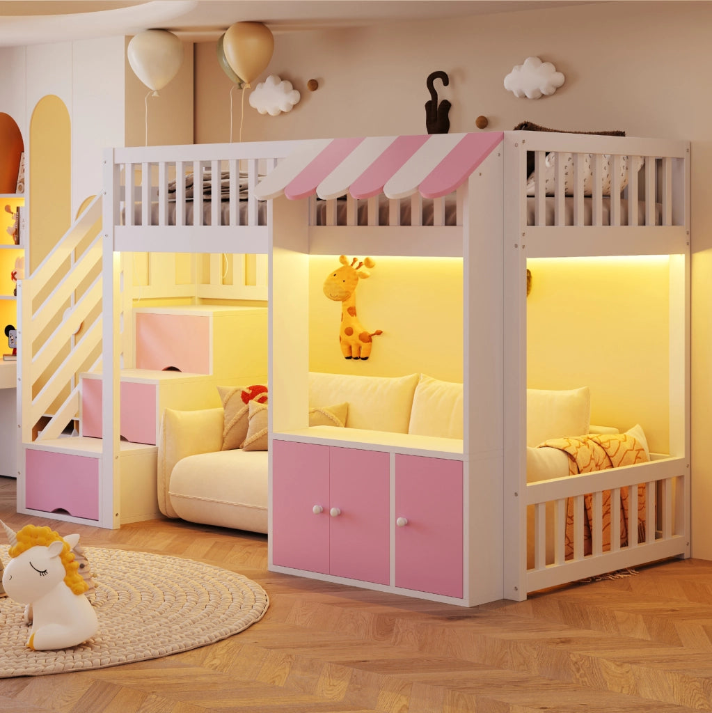 Letto a soppalco ULEVR 90x200 cm con scala a 3 vani, mobili contenitore e LED multicolore, rosa e bianco