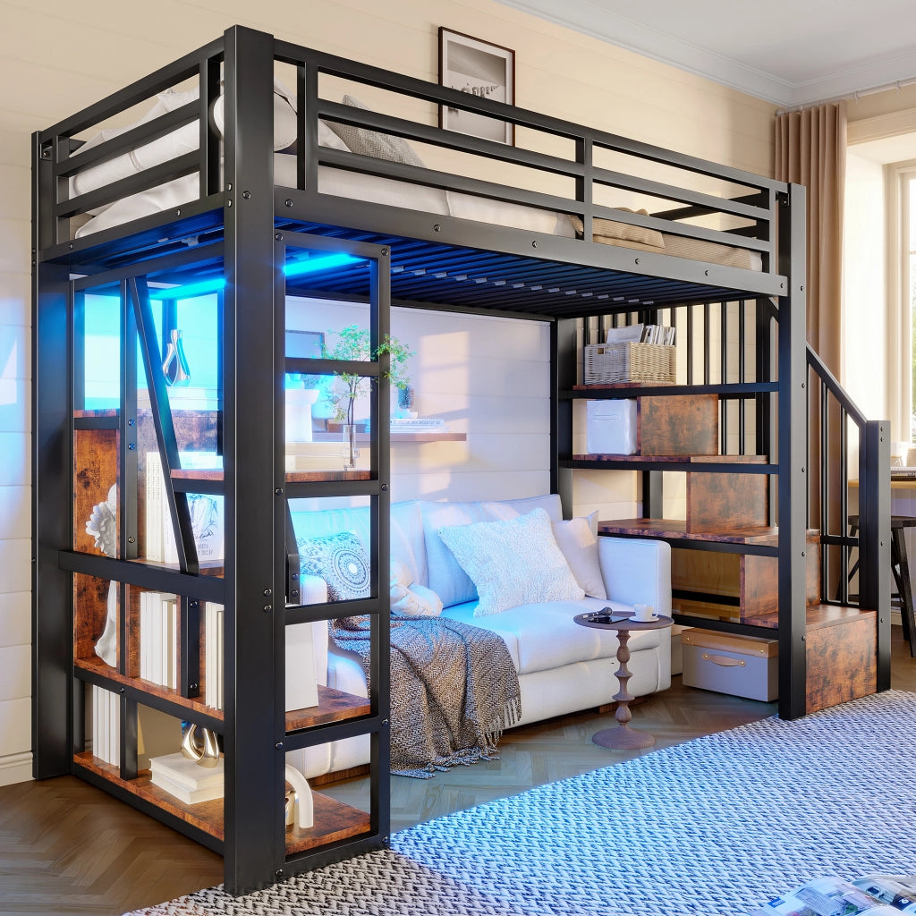 Letto a soppalco 90x200 cm nero con LED, scala contenitore, ripiani e struttura in metallo MDF