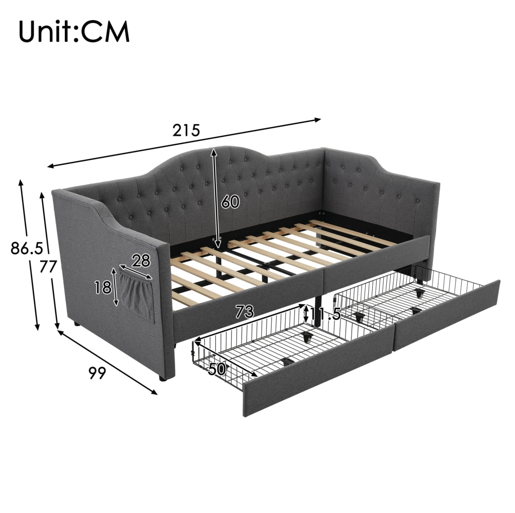 Letto singolo a daybed 90x200 cm in tessuto lino grigio con USB Type C e 2 cassetti