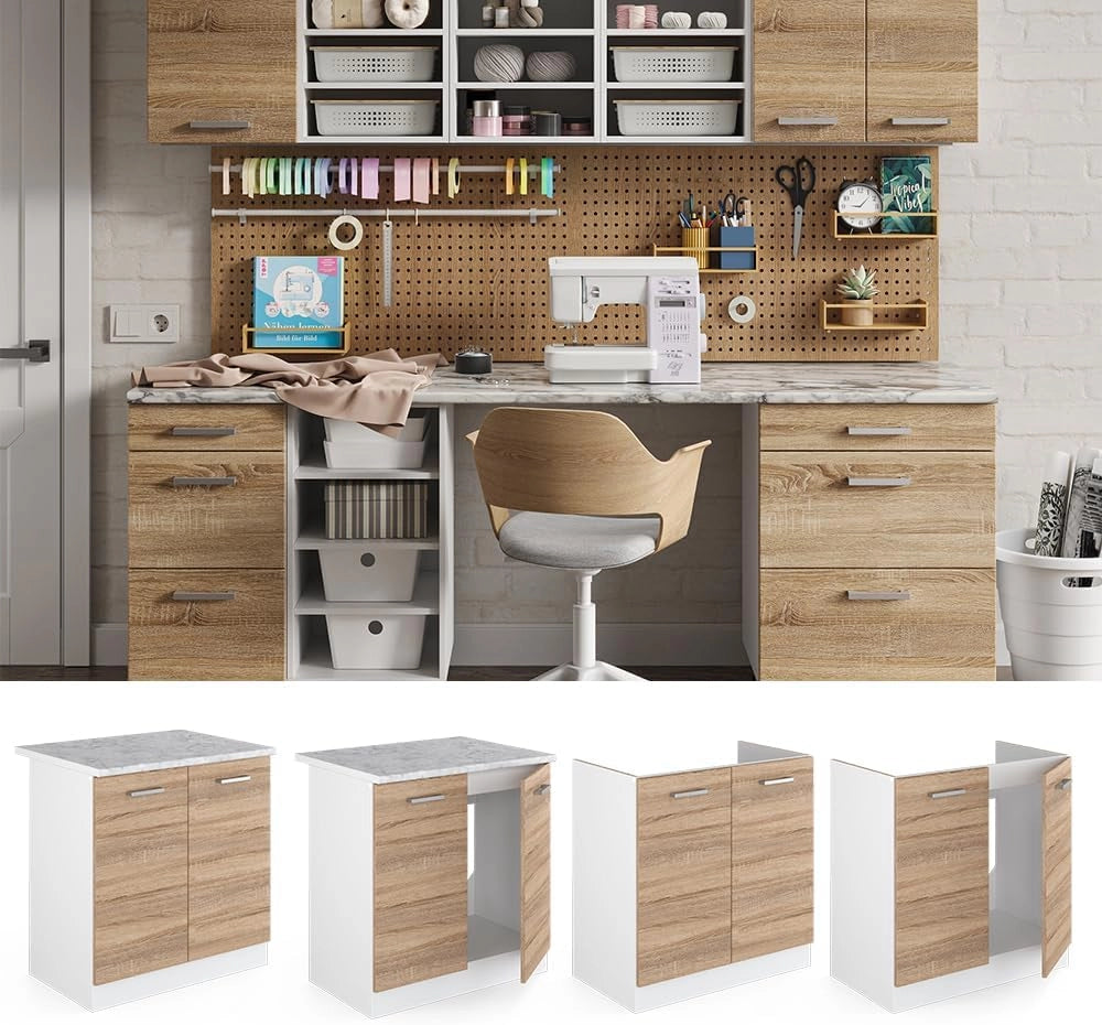 Base per lavello R-Line, Sonoma, 80 cm con ante, senza piano di lavoro, adatto per il montaggio sotto i piani di lavoro nelle cucine componibili