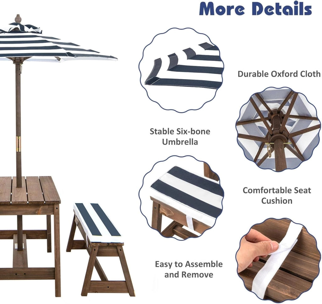 Set di mobili da giardino per bambini con 2 panche e ombrello regolabile, in legno di abete, per bambini con cuscino, set di mobili per giardino, terrazza, balcone (blu)