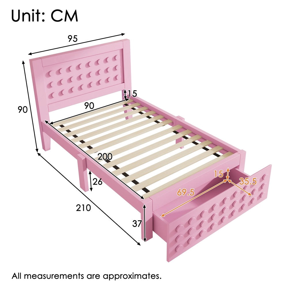 Letto Singolo in Legno Massello con Cassetti e Contenitore ¨C MINIMAL ¨C Rosa 90x200
