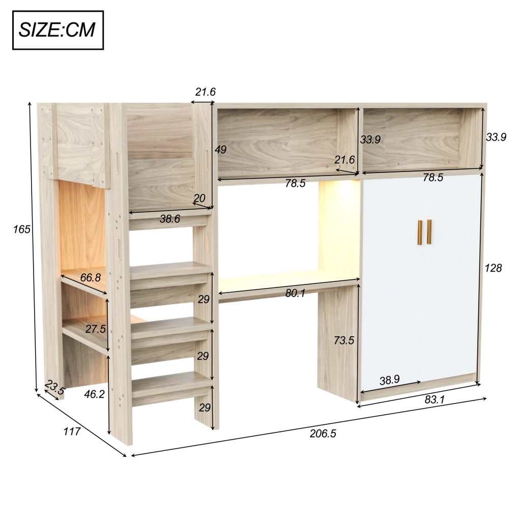Letto a soppalco matrimoniale 90×200 cm con scrivania; armadio; ripiani e LED; rete inclusa; senza materasso