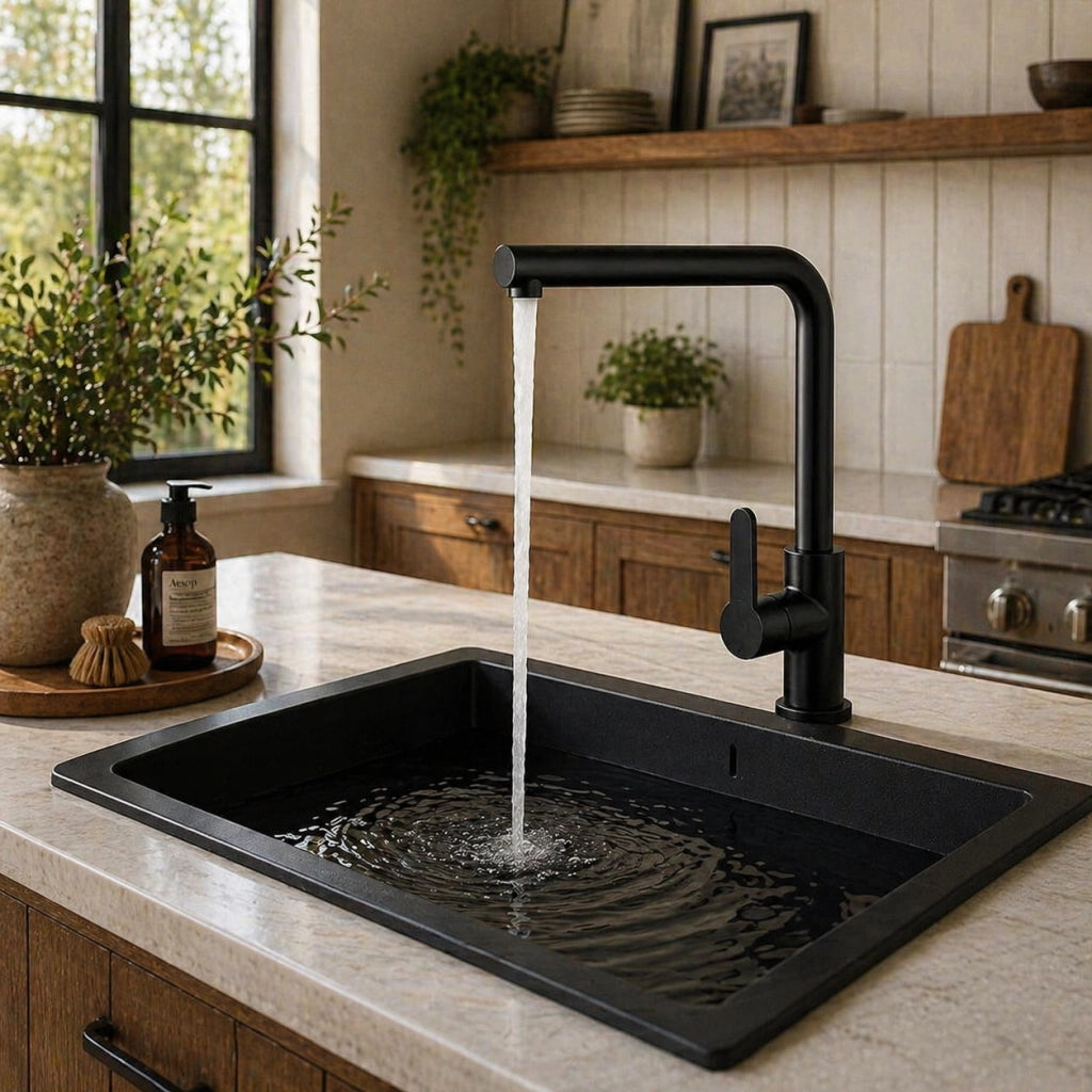 Rubinetto Cucina Nero Opaco Canna Alta Quadrata Girevole Miscelatore Lavello 94027