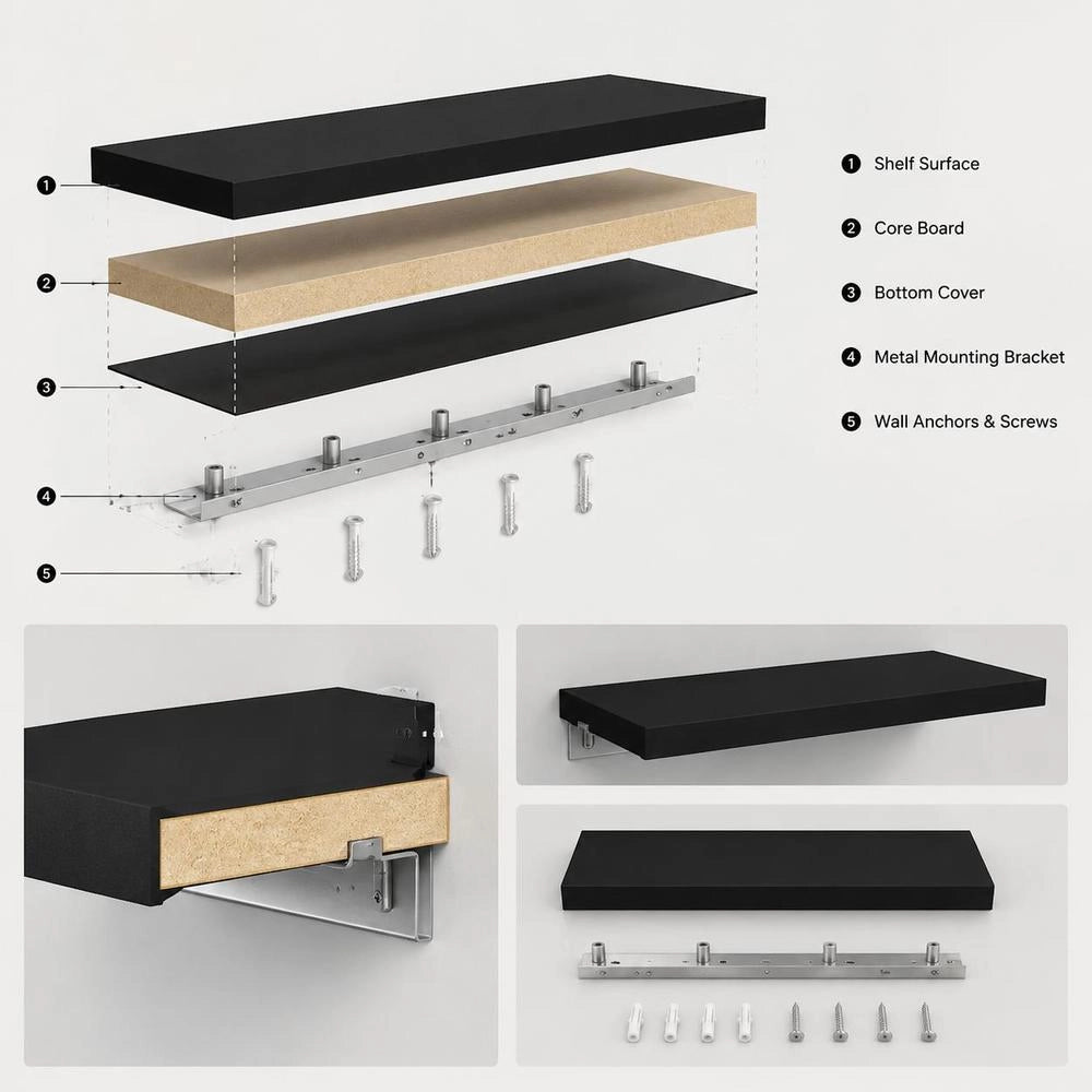 Floating Shelves, 2 Pieces, Black, 80x23.5x3.8 Cm, MDF