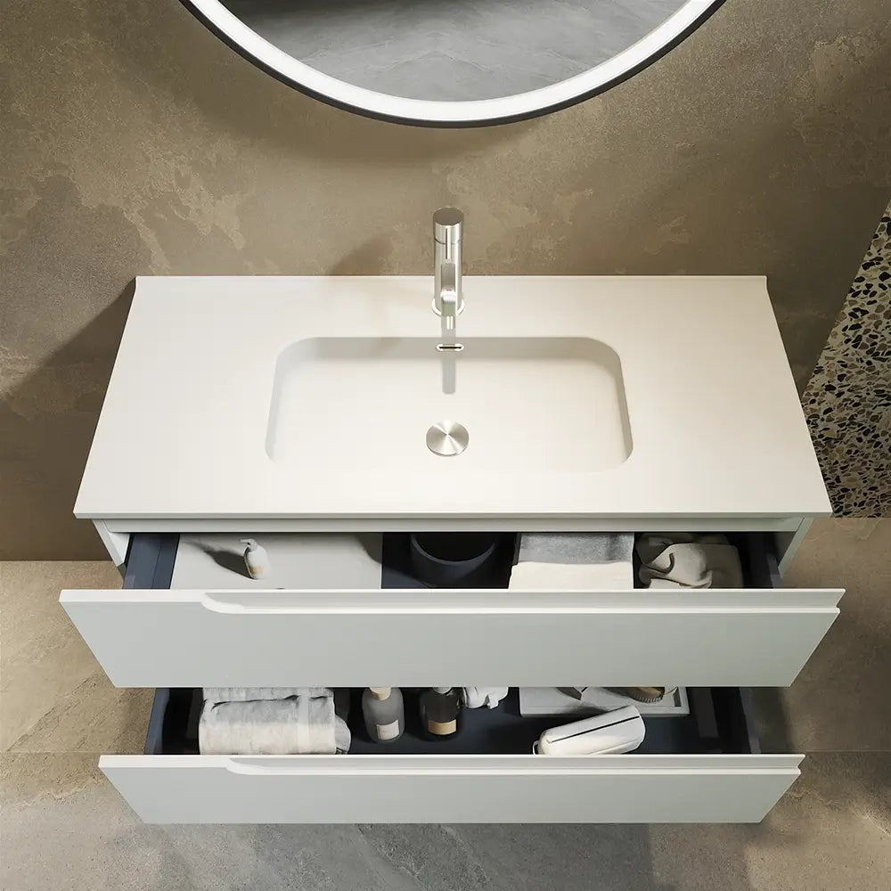 Mobile bagno sospeso 100 cm due cassetti bianco opaco con lavabo  | Moor