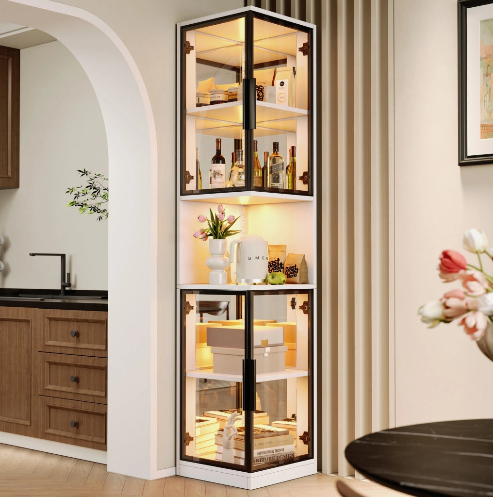 Vetrina LED moderna 205 cm con ante in vetro; schienale a specchio e luce multicolore; bianco