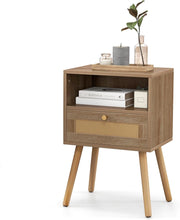 Set di 1/2 comodini, comodino con cassetto in rattan e vano aperto, tavolino laterale con gambe in pino, comodino per camera da letto, soggiorno, 40 x 30 x 60,5 cm (1)