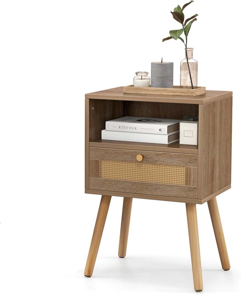 Set di 1/2 comodini, comodino con cassetto in rattan e vano aperto, tavolino laterale con gambe in pino, comodino per camera da letto, soggiorno, 40 x 30 x 60,5 cm (1)