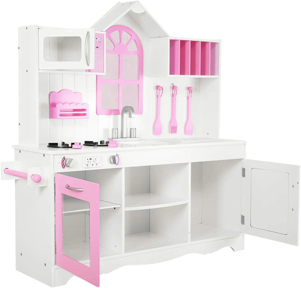 Cucina Giocattolo per Bambini, Cucina Legno per Bambini con Forno, Microonde, Lavello e Rubinetto, con Accessori da Cucina, per 3+ Anni