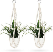 Hangers per fiori - Macramé - Corda di cotone - 50 cm - Hangers per piante bohemian - Anelli metallici - Sospensione - Decorazione per la casa - Design a mano intrecciato bianco