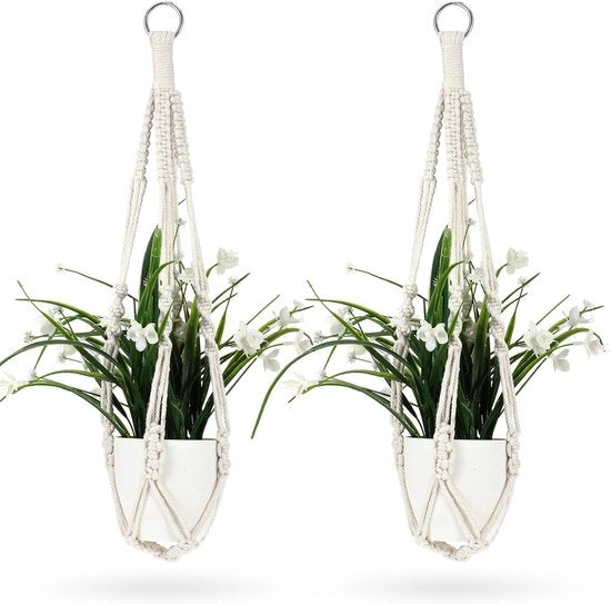 Hangers per fiori - Macramé - Corda di cotone - 50 cm - Hangers per piante bohemian - Anelli metallici - Sospensione - Decorazione per la casa - Design a mano intrecciato bianco