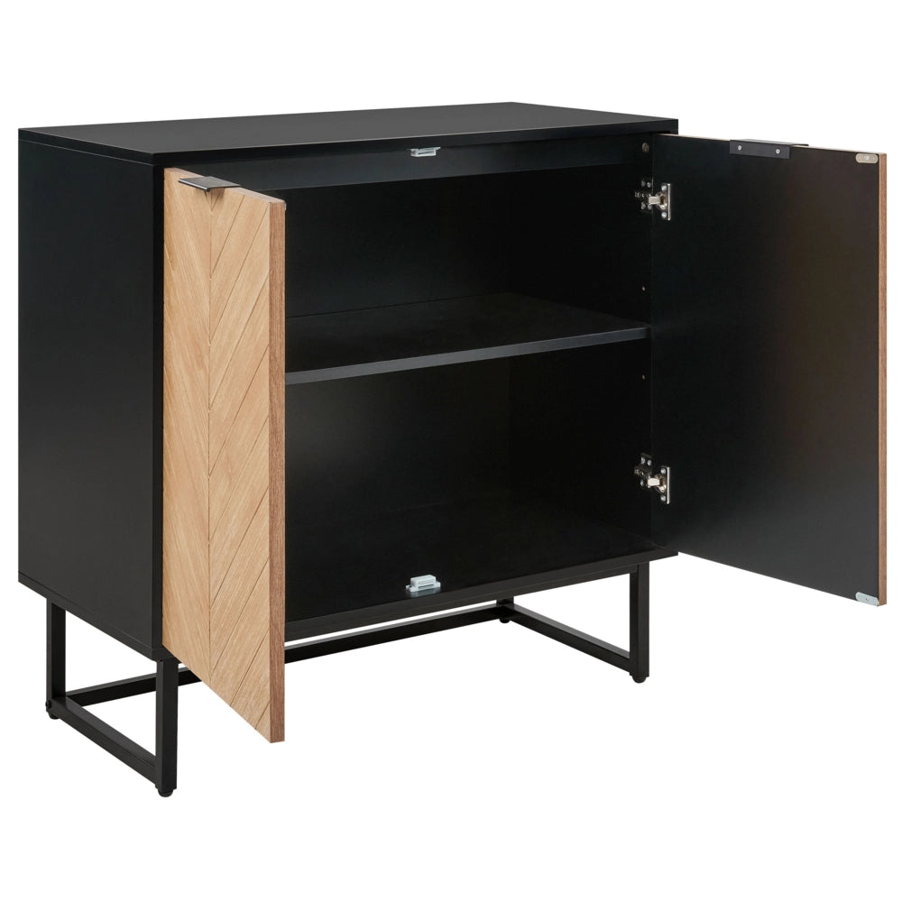 Credenza in legno nero e chiaro MDF impiallacciato in legno a 2 ante con ripiani Soluzione scandinava per lo stoccaggio della camera da letto