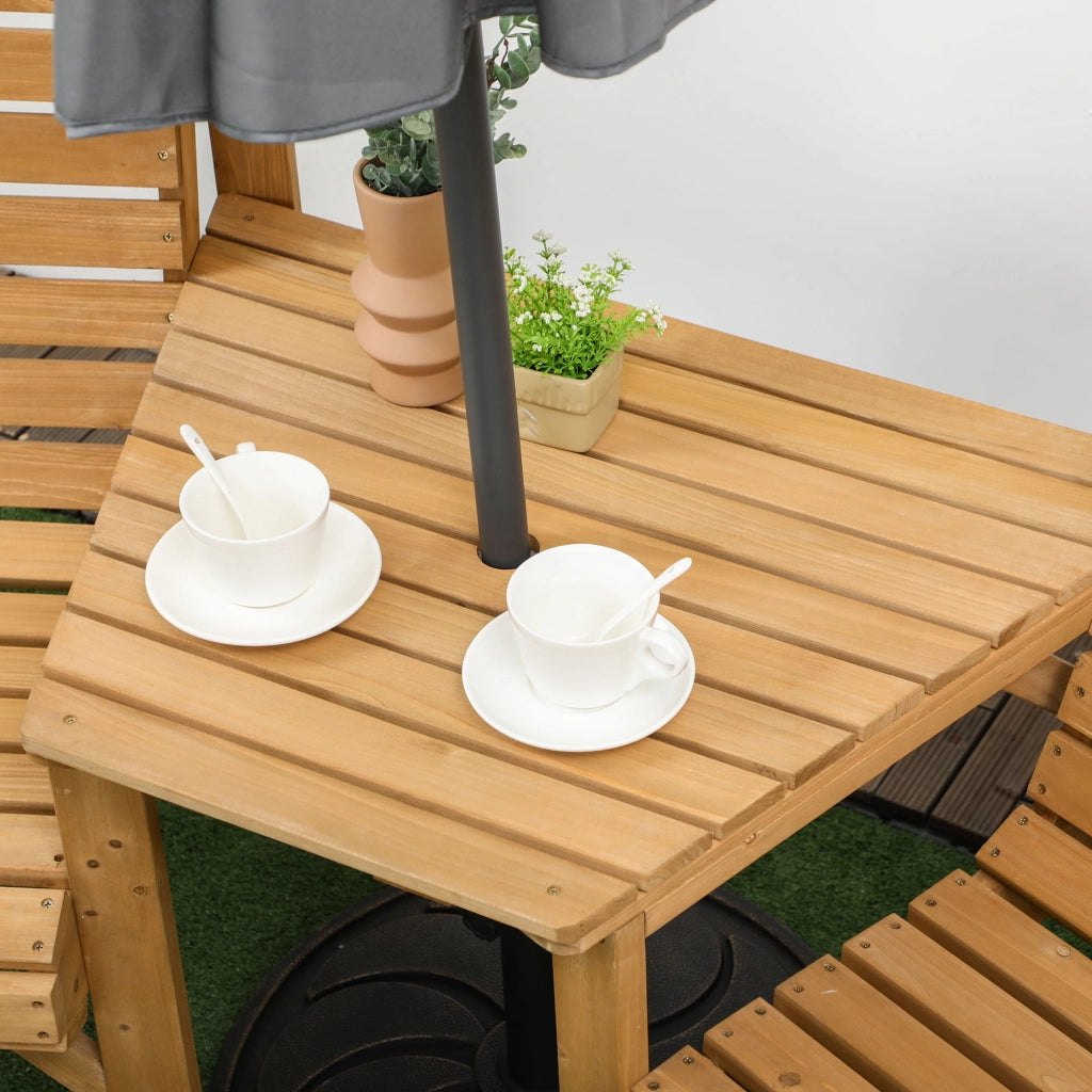 Bistrot da giardino in 3 pezzi in legno resistente alle intemperie; design lamellare con foro per ombrello; marrone