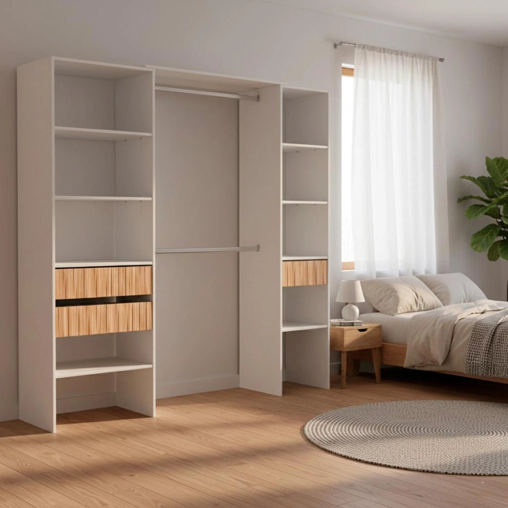 Armadio Guardaroba Aperto Con Ripiani Regolabili 3 Cassetti Doppio Appendiabiti In Alluminio Mobile Armadietto Multiuso Senza Ante Camera Da Letto Cameretta 190 x 187 x 40 Cm Bianco E Rovere Listato