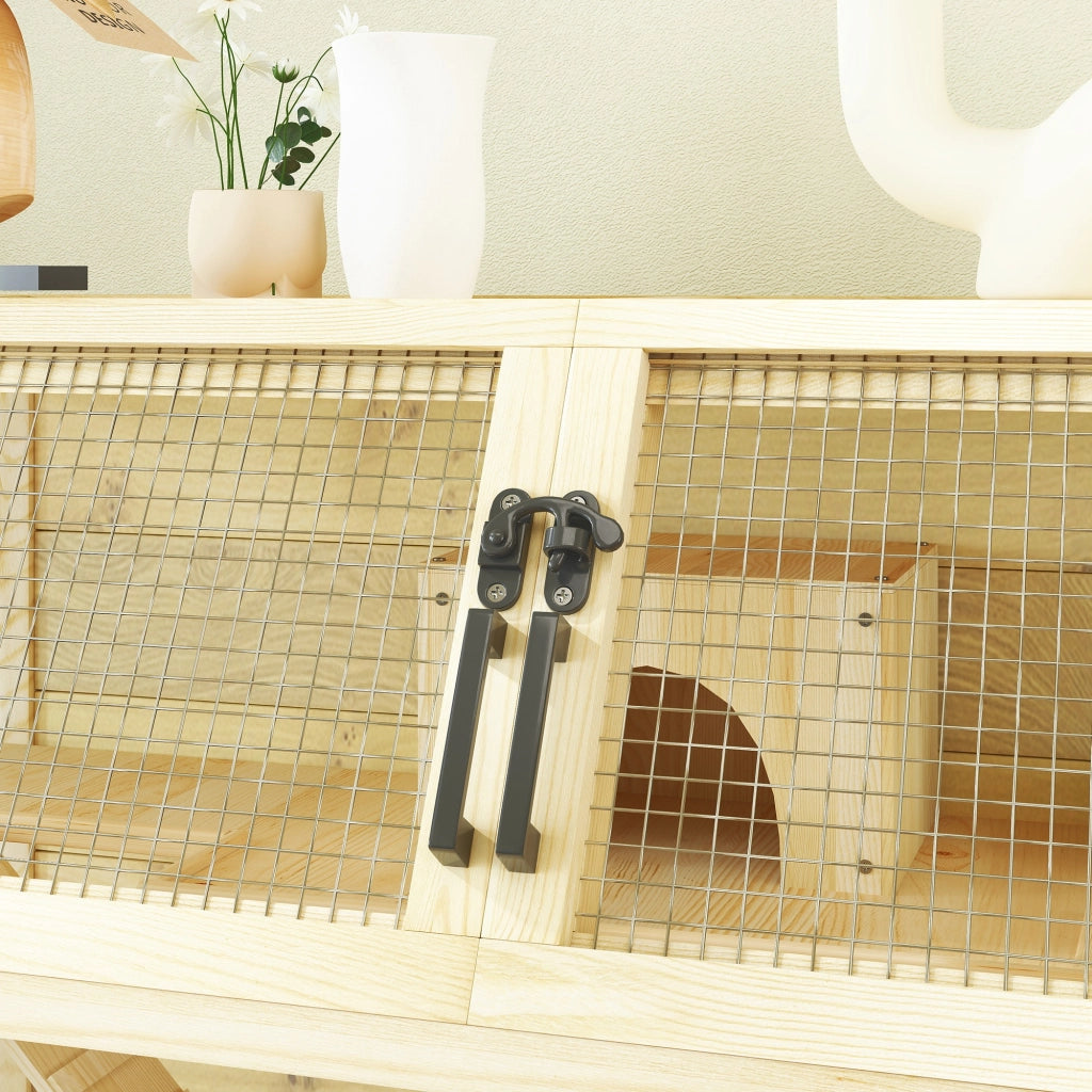 Scaffale per piccoli animali a due livelli con rampe, ripiani e ruote in legno e metallo naturale 87 × 43 × 101 cm