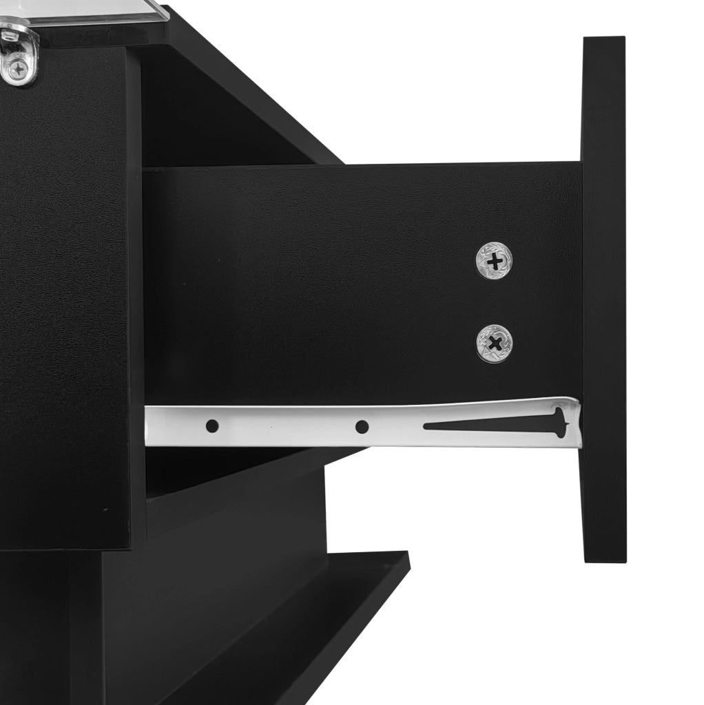 Tavolino da salotto nero lucido 100x50x32 cm con piano in vetro; cassetto e LED