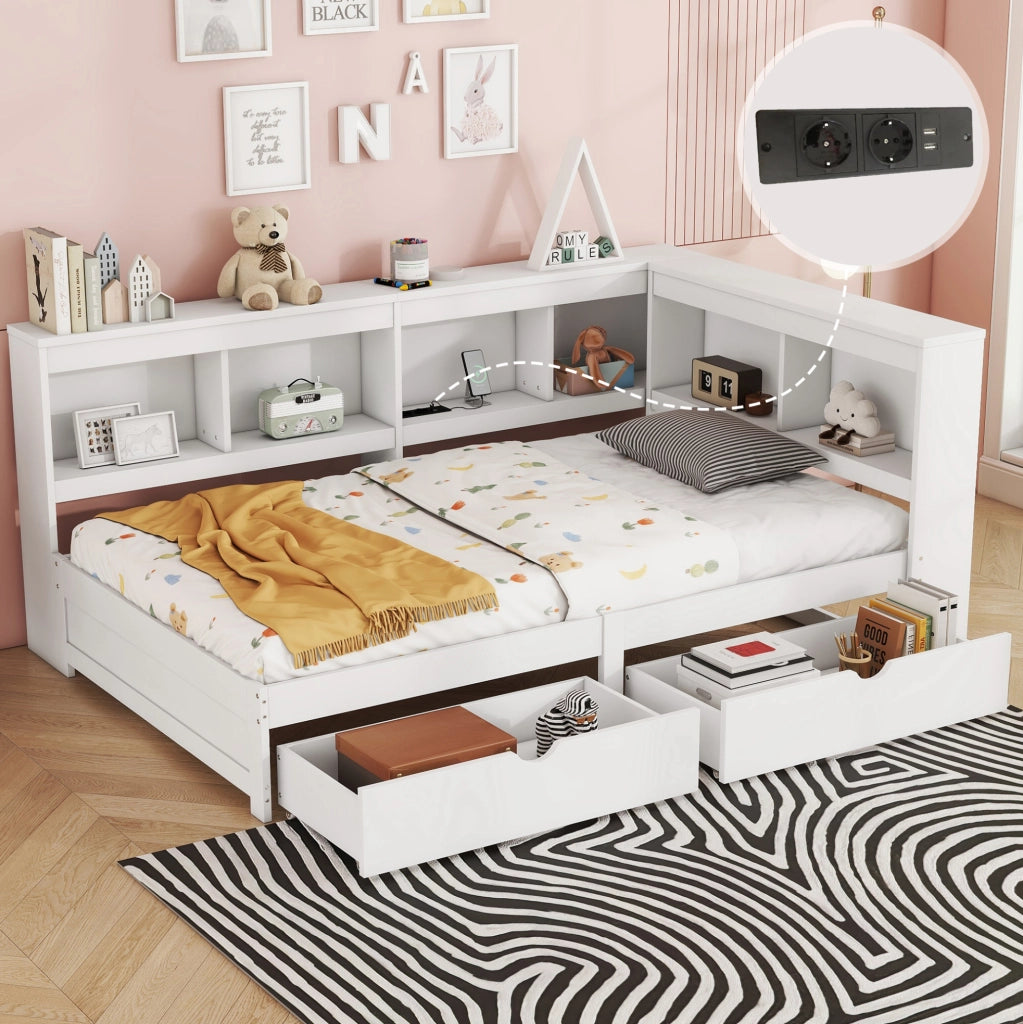 Letto daybed 90x200 cm con 2 cassetti; presa e 2 USB; ripiani laterali; bianco