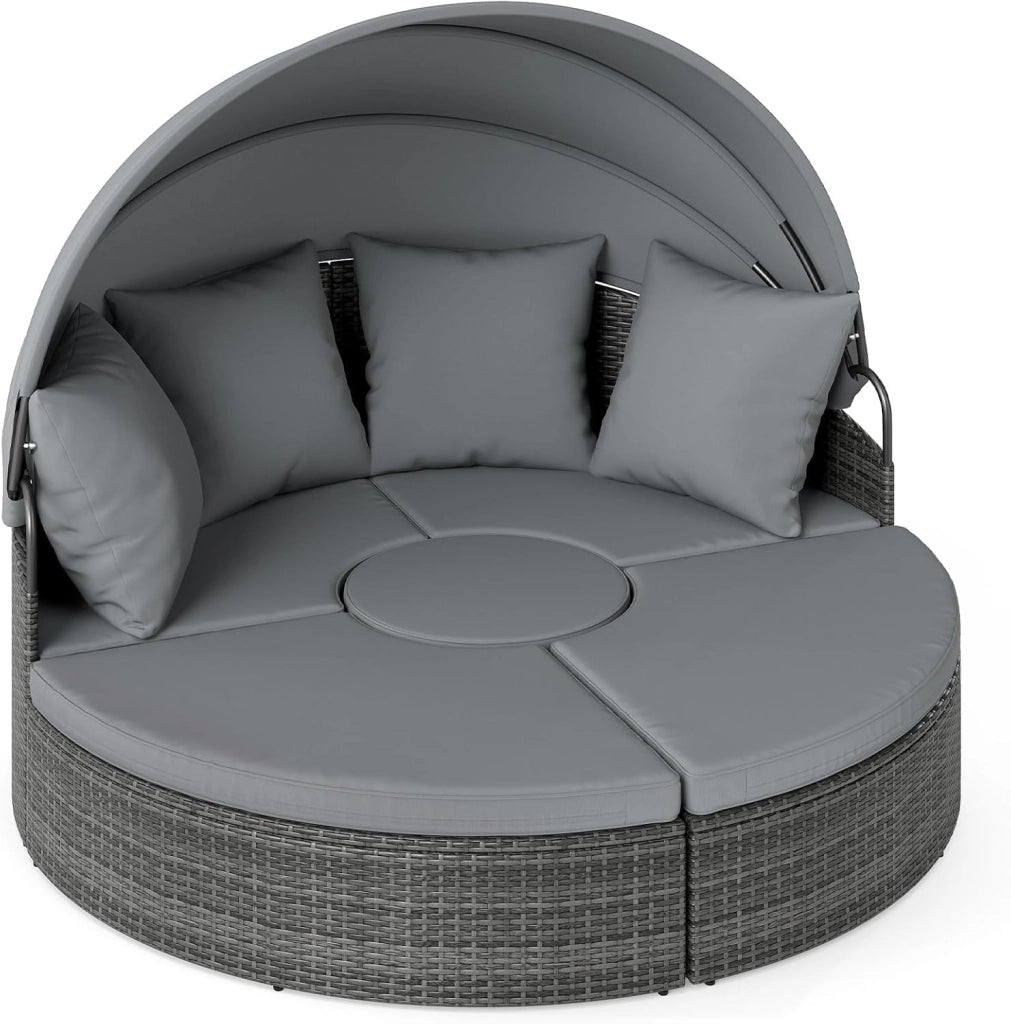Divano da giardino rotondo in rattan PE con baldacchino retrattile, cuscini e cuscini rimovibili, tavolo basso, carico 180 kg, salotto da giardino modulabile per terrazza piscina (grigio)