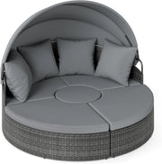 Divano da giardino rotondo in rattan PE con baldacchino retrattile, cuscini e cuscini rimovibili, tavolo basso, carico 180 kg, salotto da giardino modulabile per terrazza piscina (grigio)