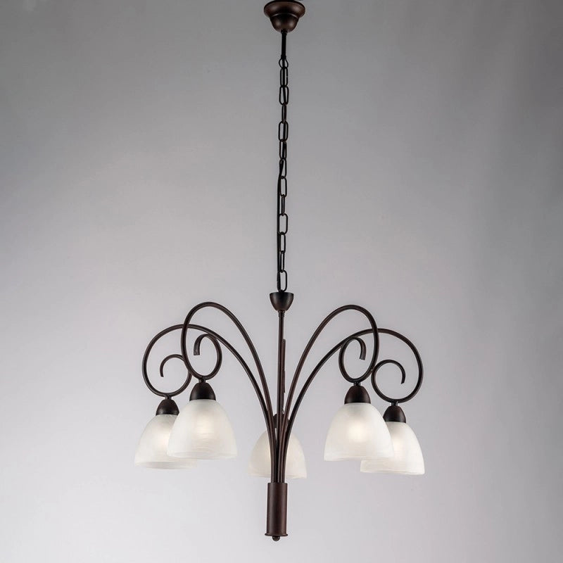 Lampadario in ferro Nero Ruggine paralumi in vetro Bianco cinque luci 57x h50 cm