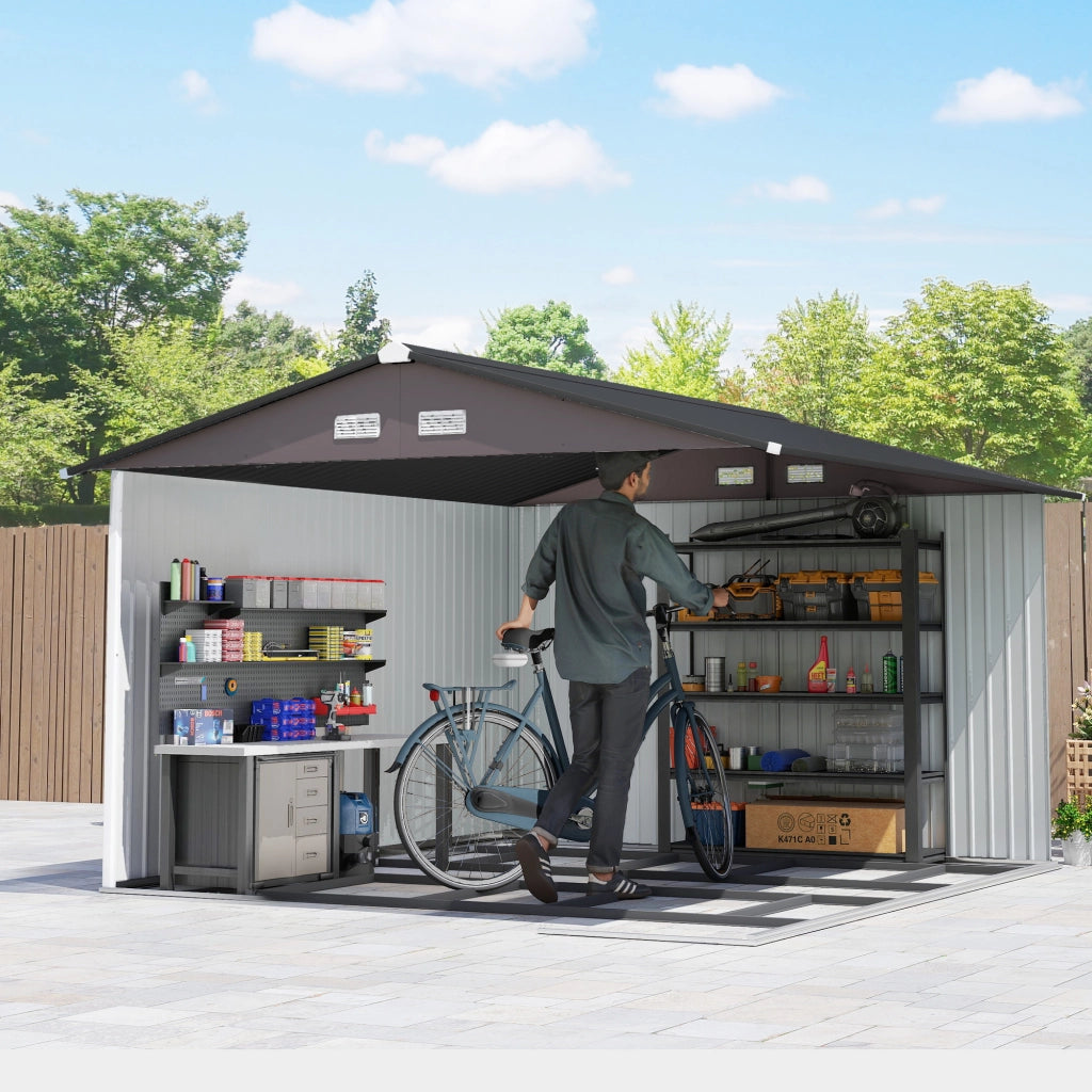 Casetta da Giardino 322x277x192 cm con 2 Porte Scorrevoli e 4 Prese d'Aria in Acciaio Marrone