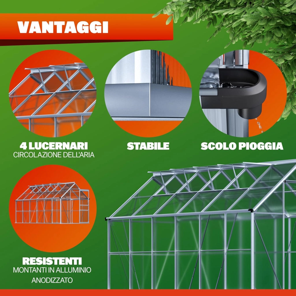 ® Serra da Giardino in Alluminio 7,2m² 380x190cm incl. 4 Lucernari Coltivazione Orto per Piante Giardinaggio 11,73m³