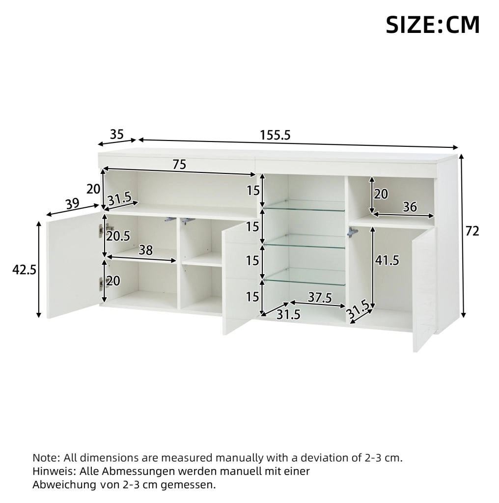 Sideboard soggiorno bianco LED con app, 3 ante, 155,5 cm