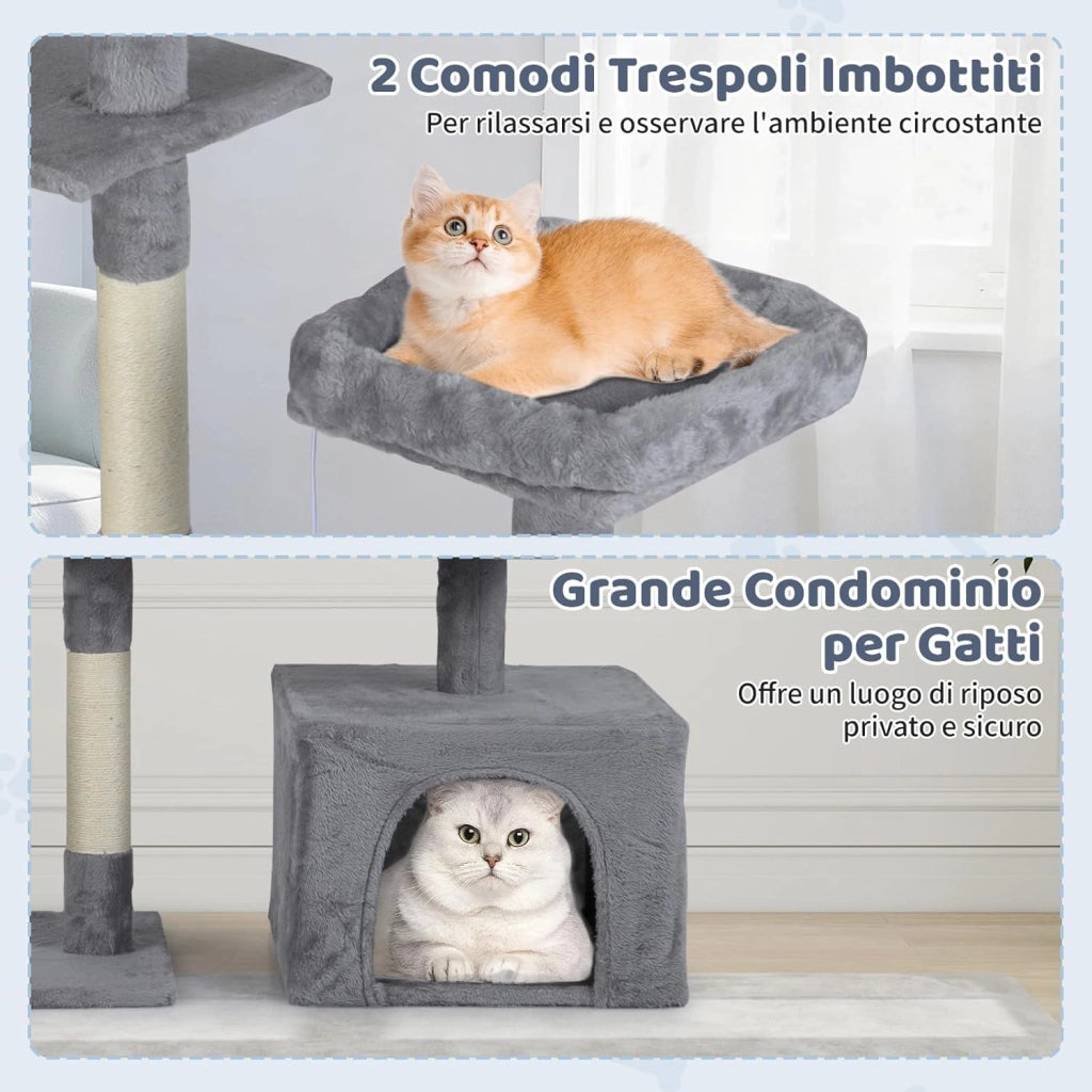 Albero per Gatti Alto 136 cm, Tiragraffi per Gatti da Interno con Tiragraffi, Rampa, 2 Posatoi Imbottiti, Ampio Condo, Palline Pendenti, Corda Appesa e Piattaforma Multilivello (Grigio Chiaro)