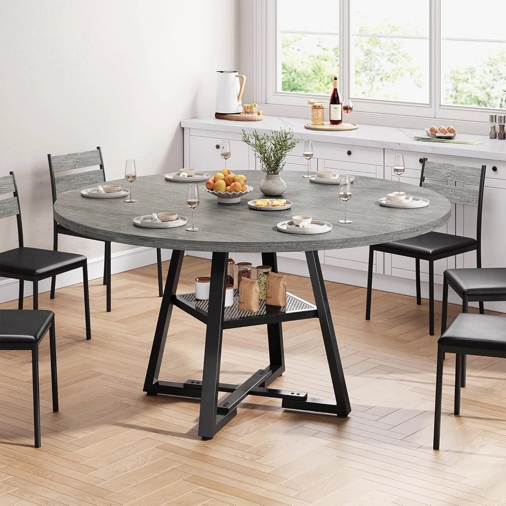 Tavolo per Sala da Pranzo Tondo Grigio con Ripiano Portaoggetti 120x120x76cm