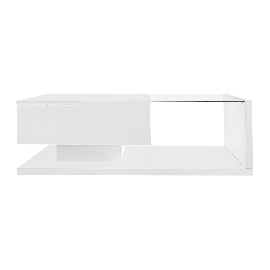 Tavolino da salotto 105x55x32.5 cm; piano in vetro temperato con LED regolabili; pannello truciolare bianco