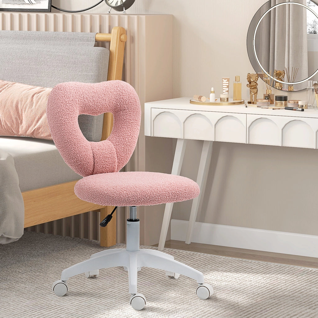 Sedia girevole da ufficio con schienale a cuore, altezza regolabile, tessuto teddy-fleece, colore rosa