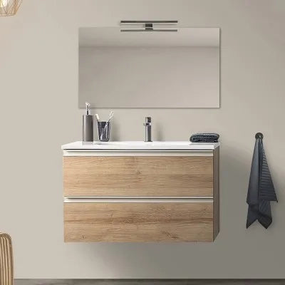 Mobile bagno sospeso 100 cm rovere miele con lavabo e specchio tondo Master