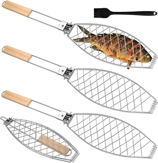 Grill per pesce in alluminio RVS con maniglia in legno, griglia per pesce 62 x 12 cm, griglia per pesce a tenaglia
