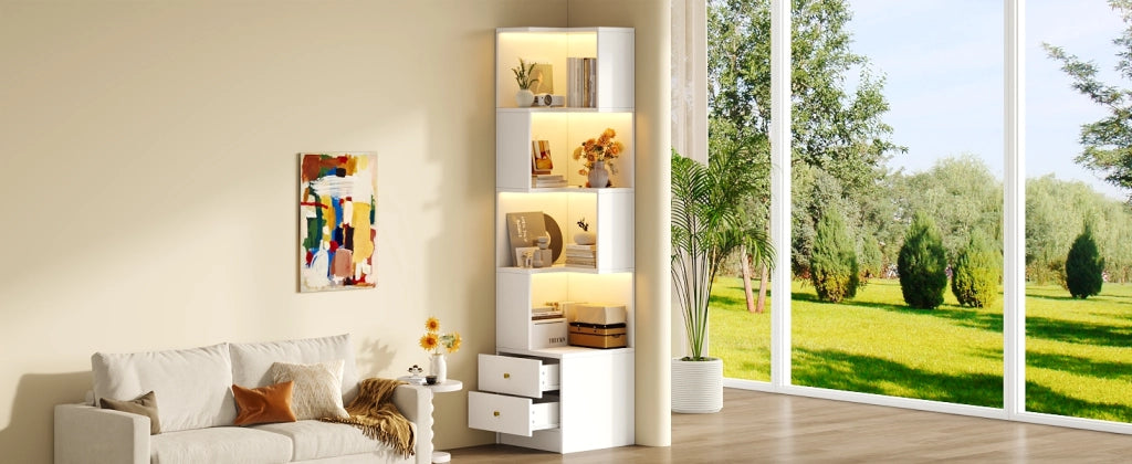 Libreria angolare con LED da app 4 ripiani aperti e 2 cassetti in MDF per studio soggiorno bianca 45 × 43,5 × 180 cm